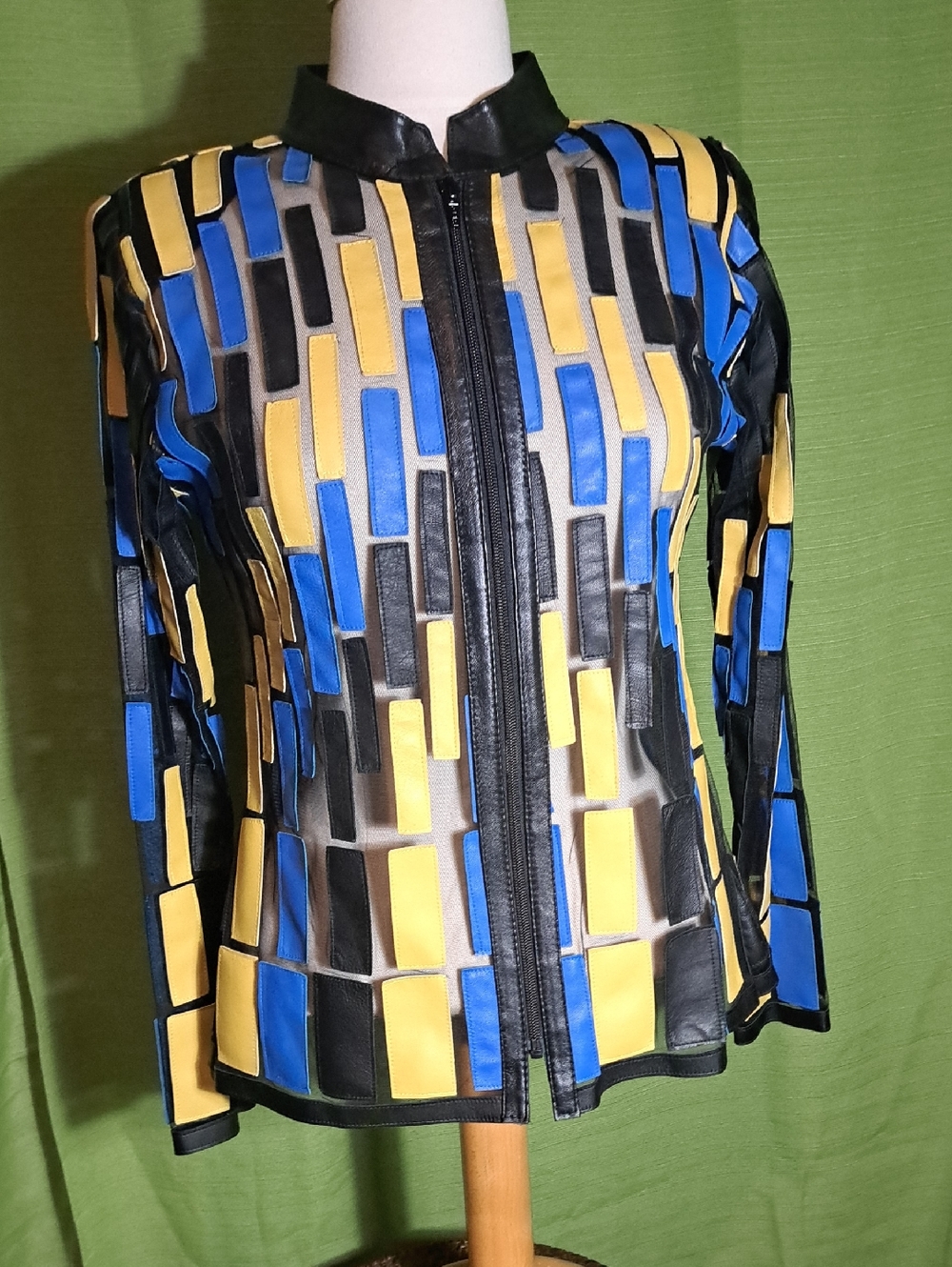 Women's Geometric Leather Patchwork Zip Jacket - Blue & Yellow